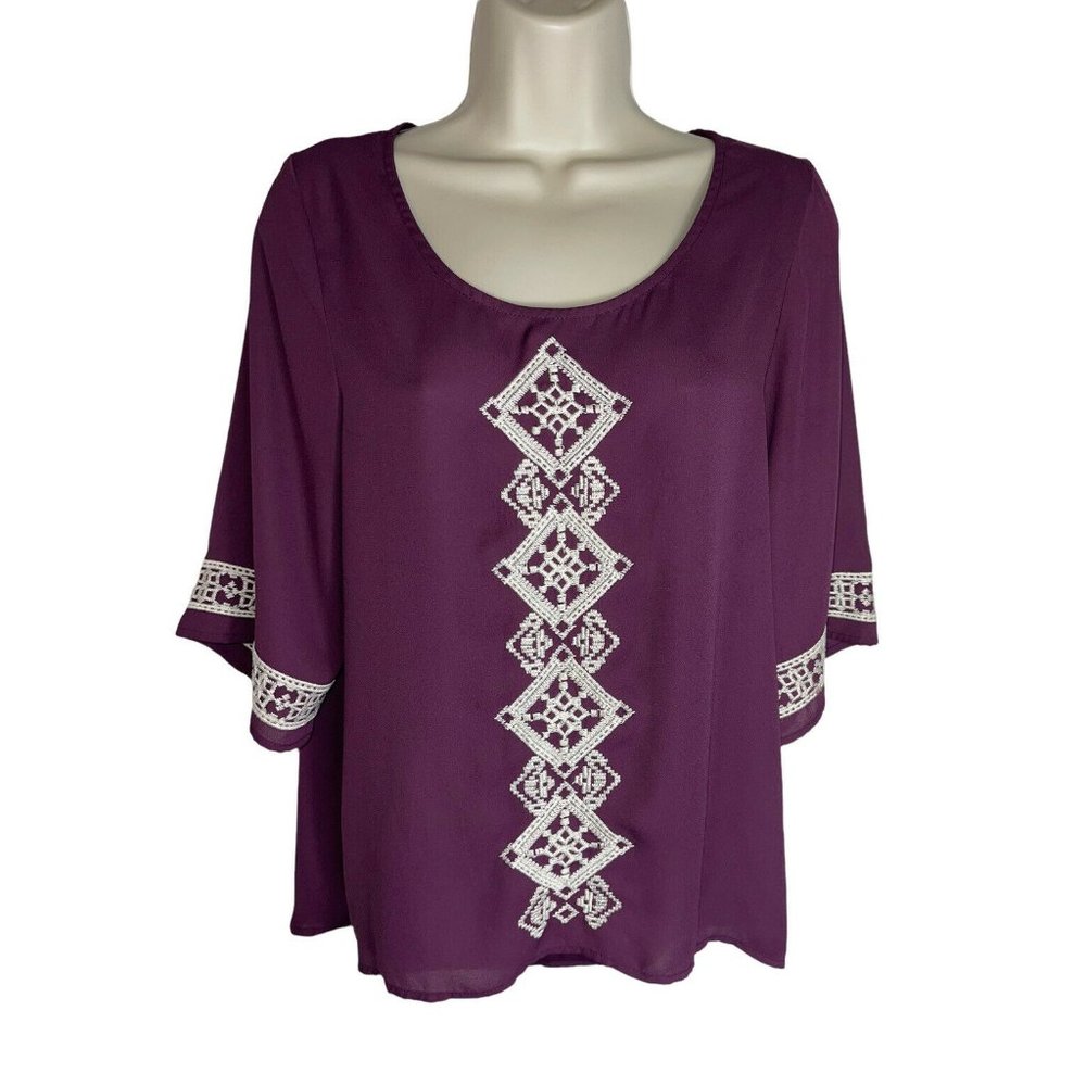 XHILARATION Women's Kimono Sleeve Crochet Detail Blouse in Plum Size Small